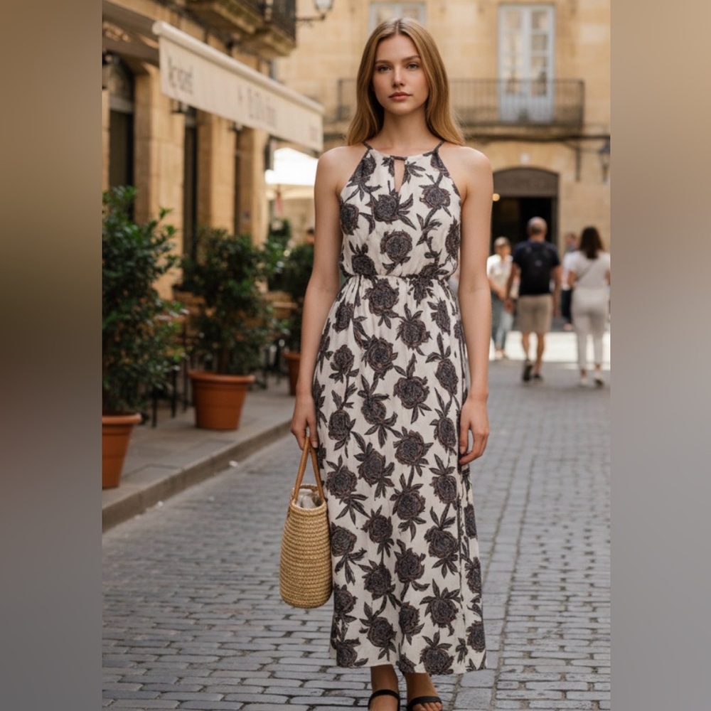 Abercrombie &‎ Fitch Dress M Halter Black Key Hole Bodice Y2K Hippy Boho Maxi